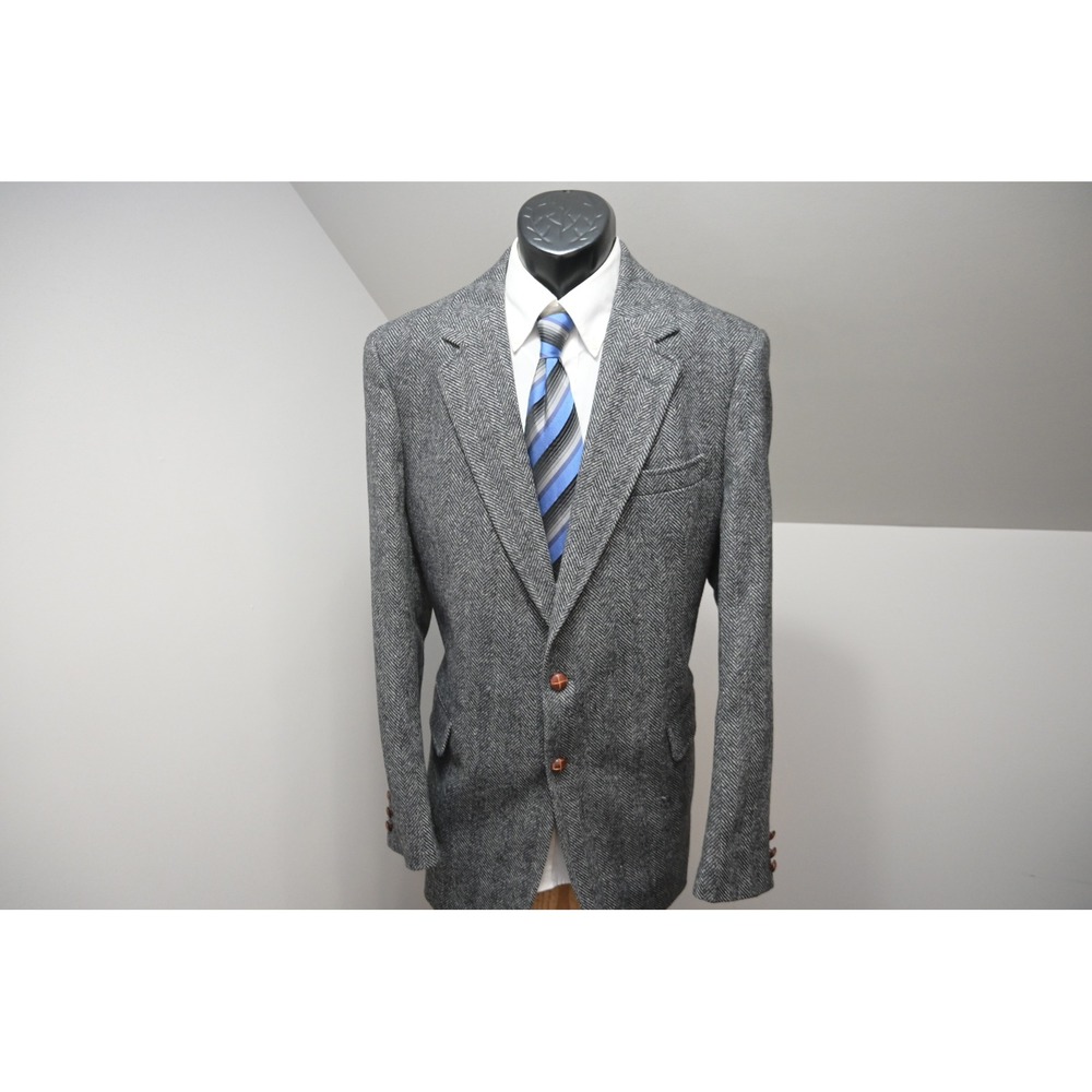 English Manor Herringbone Blazer Mens Size 42L Gray Wool Blend Sport Coat EUC